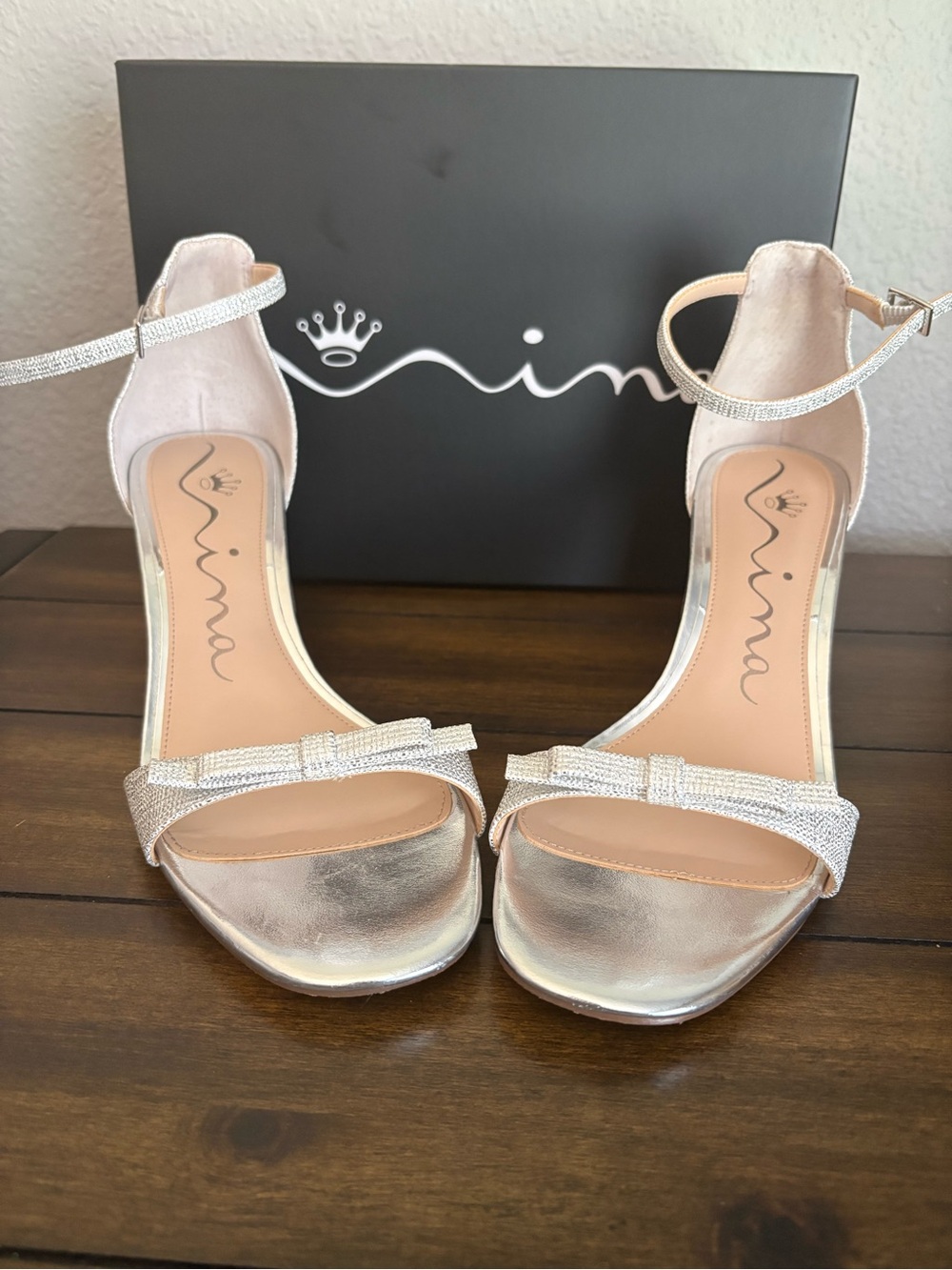Nina Silver Bow Ankle-Strap Heels